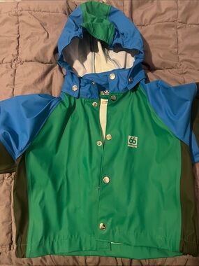 66°North Kids Waterproof Hooded Rain Jacket in Green & Blue